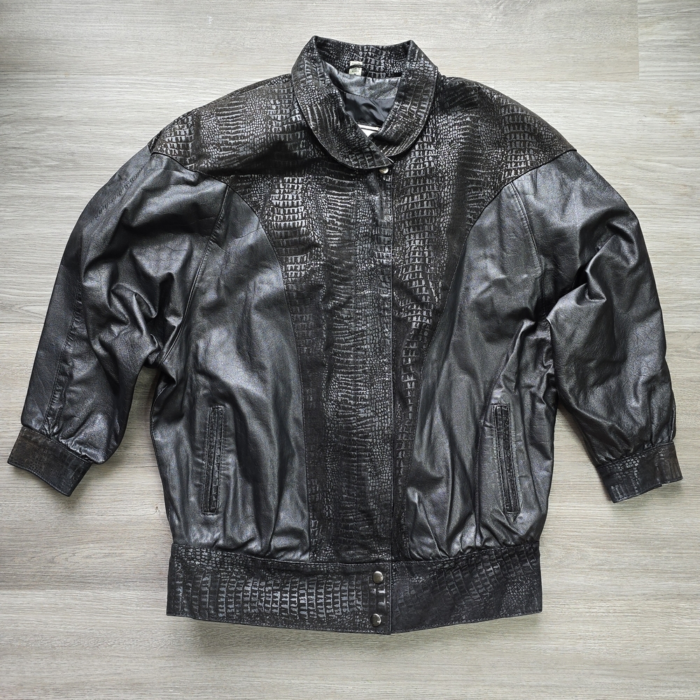 Retro Black Leather Jacket Faux Snake Skin 3/4 Sleeves
